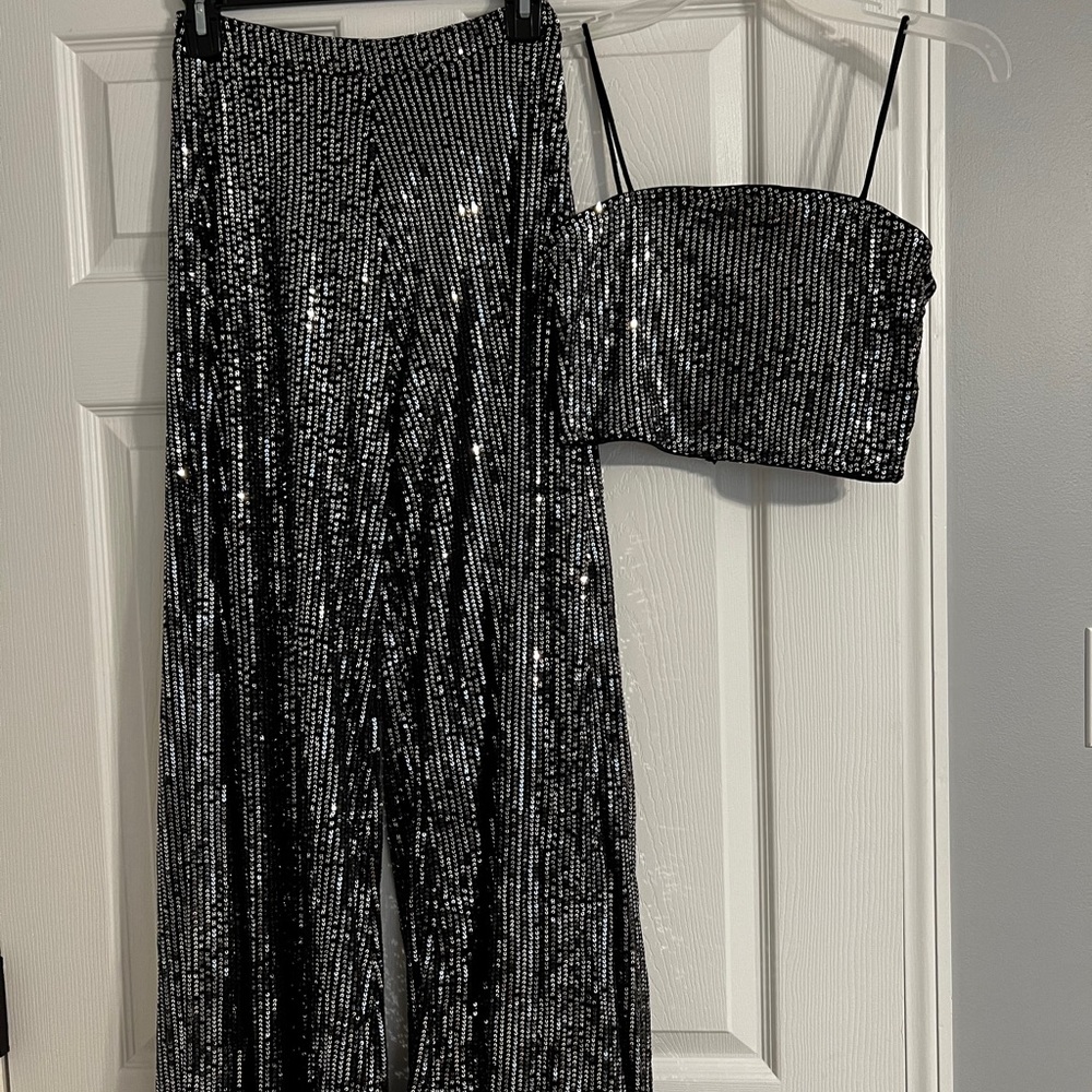 shein crop sequin cami top and wide leg pants